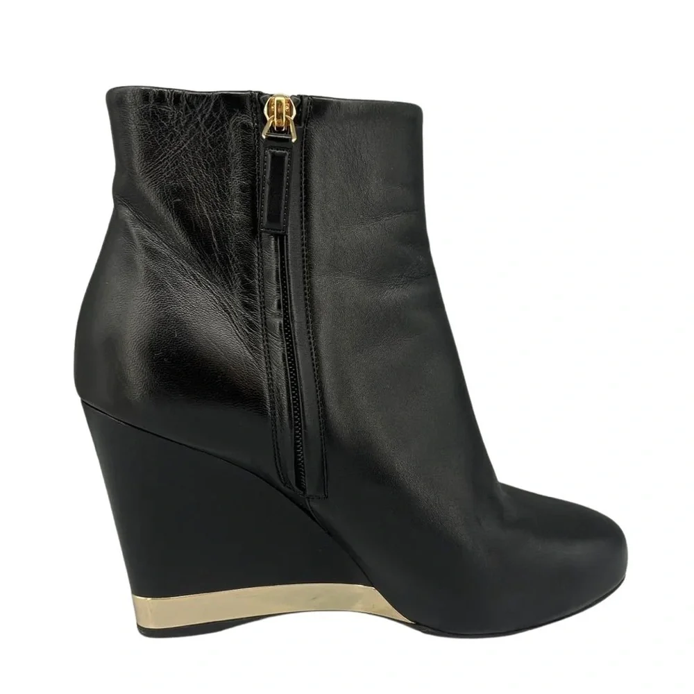 Chanel Black Lambskin Leather Wedge Ankle Boots Gold CC Trim